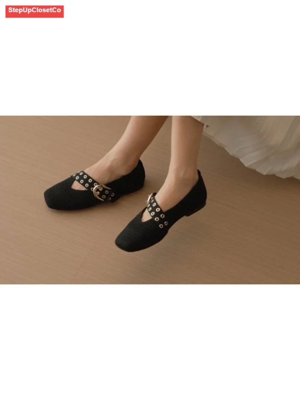 Women's Square Toe Mary Jane Flats with Max Buckle, Breathable Mesh, Arch